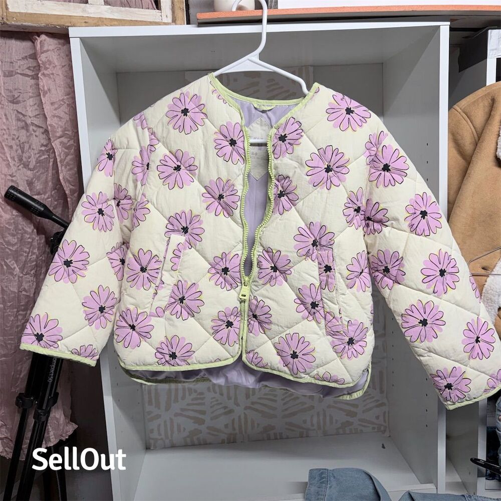 Zara Girls' Floral Quilted Jacket Purple Size 8-9 Years Casual